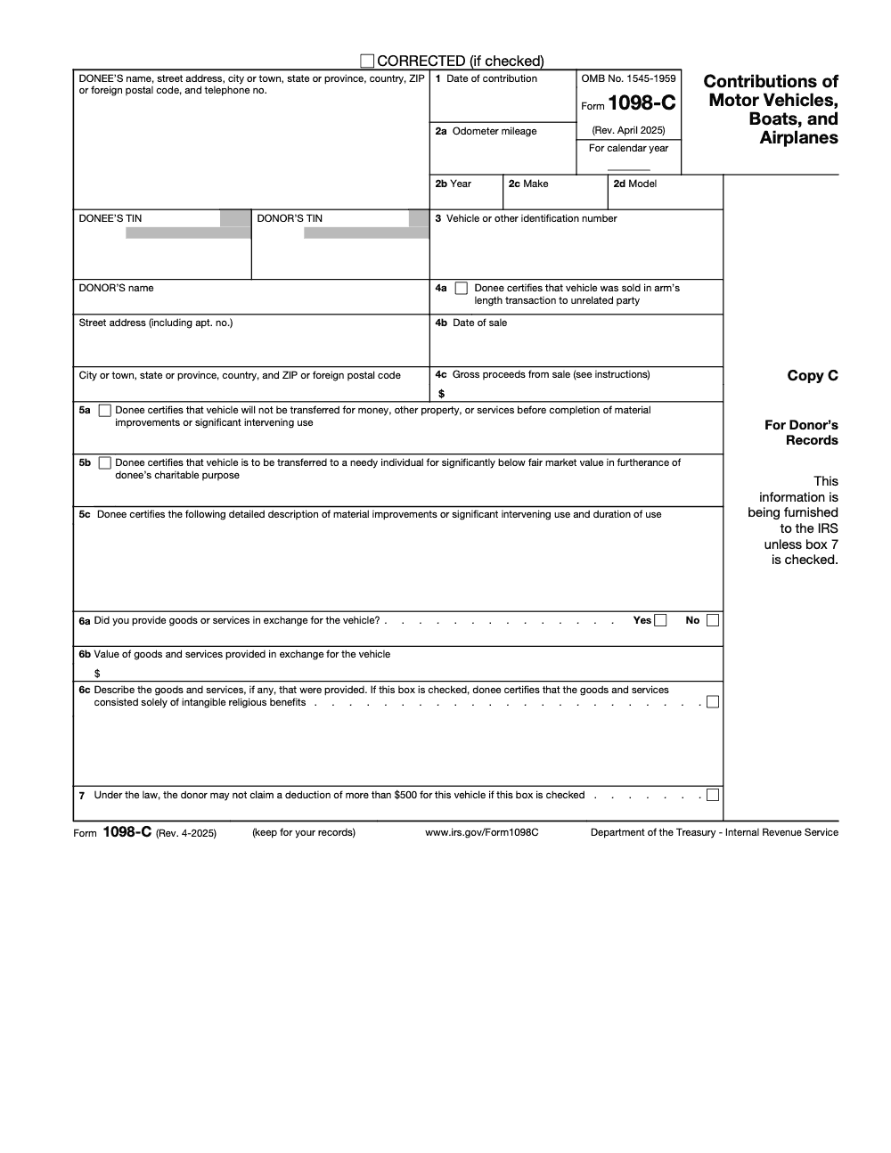 Page 3 of 4 of the official IRS Form 1098-C PDF (Rev. April 2025): Copy C