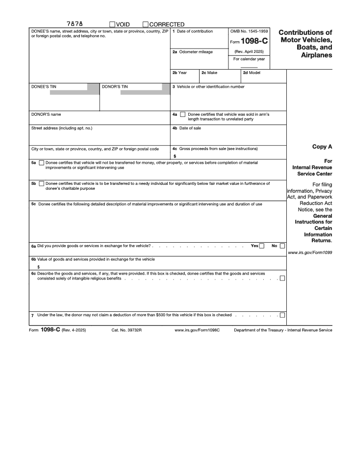 Page 1 of 4 of the official IRS Form 1098-C PDF (Rev. April 2025): Copy A