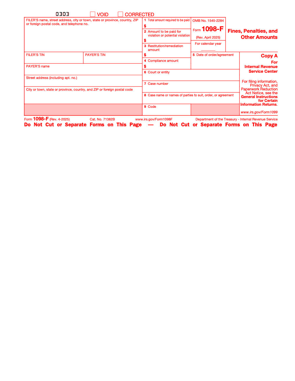 Page 2 of 4 of the official IRS Form 1098-F PDF (Rev. April 2025): Copy A; instructions