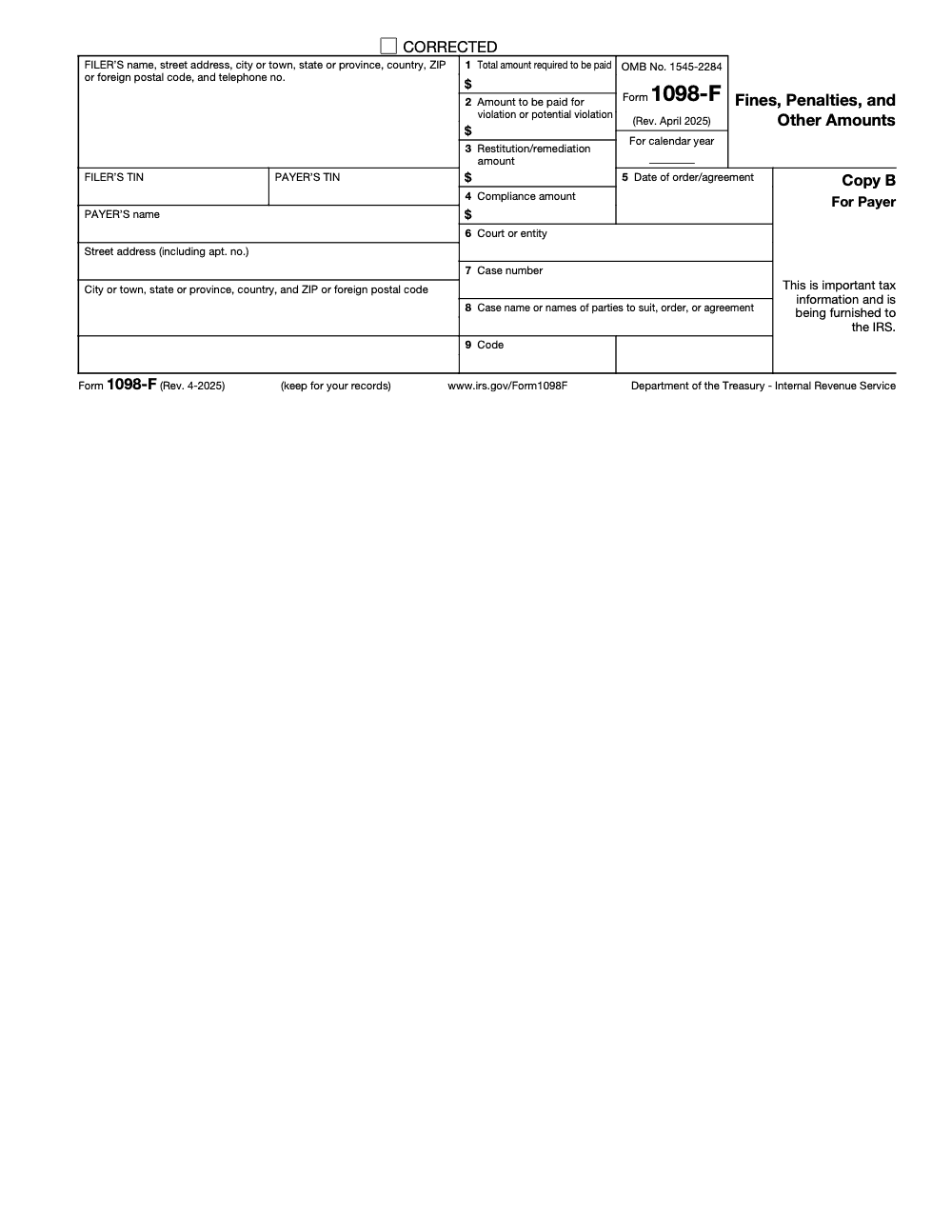 Page 3 of 4 of the official IRS Form 1098-F PDF (Rev. April 2025): Copy B