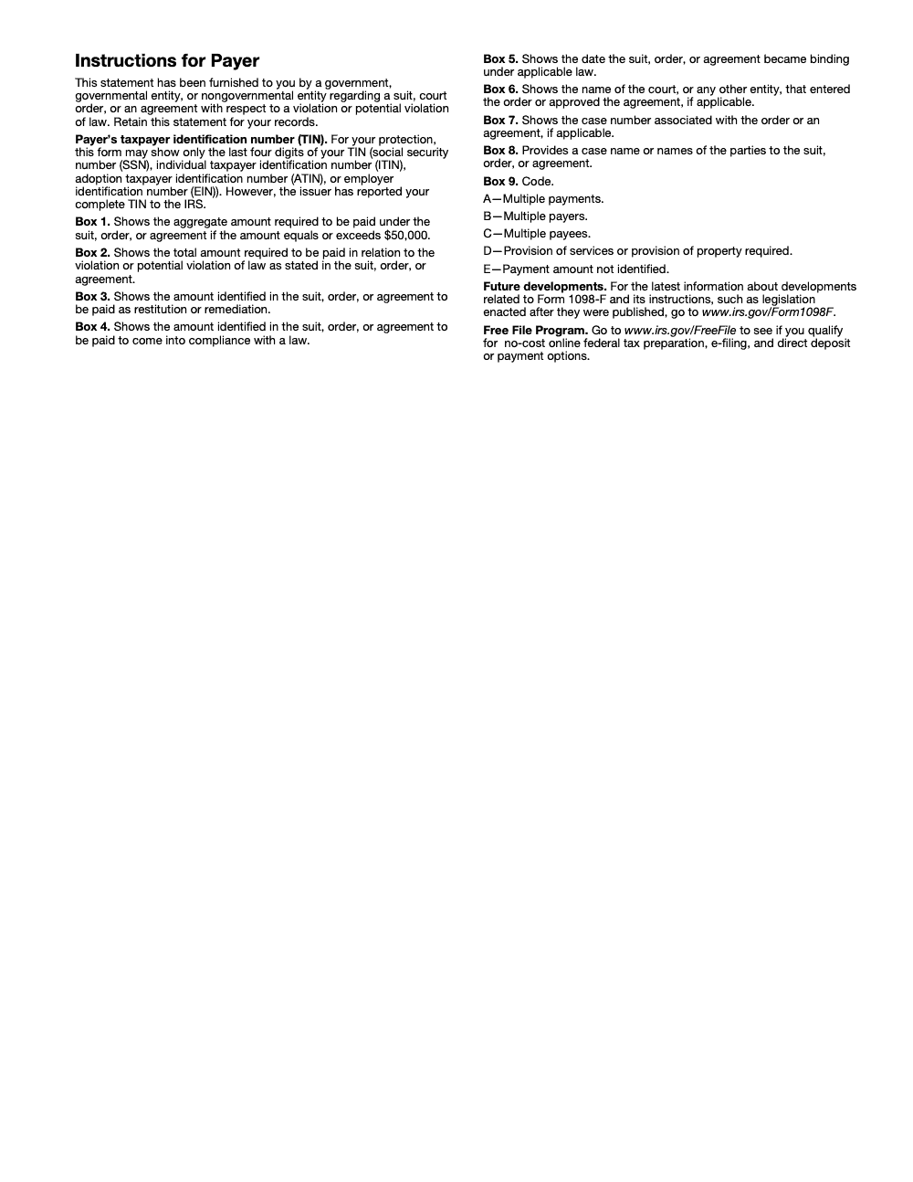Page 4 of 4 of the official IRS Form 1098-F PDF (Rev. April 2025): instructions