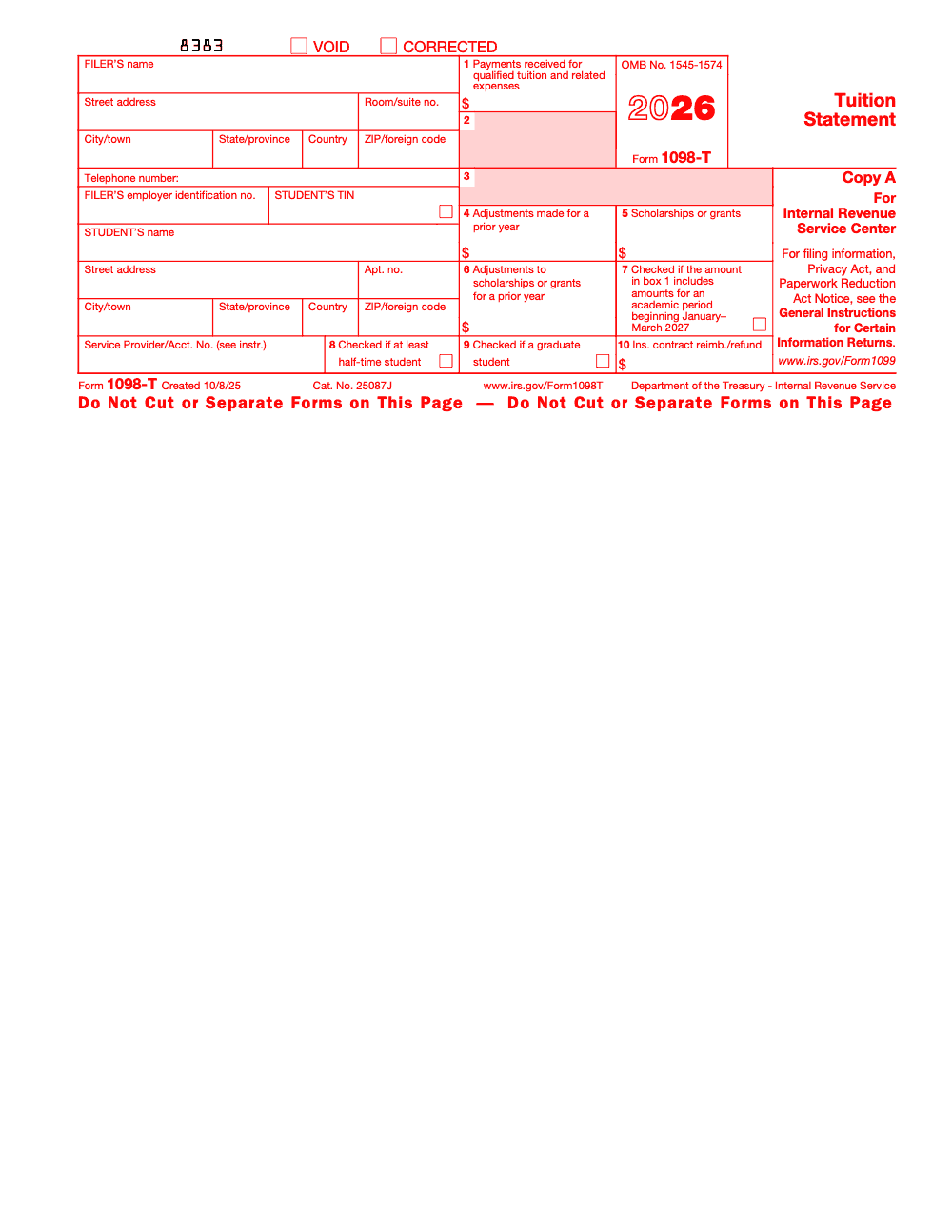 Page 2 of 4 of the official IRS Form 1098‑T PDF (2026 edition): Copy A; instructions
