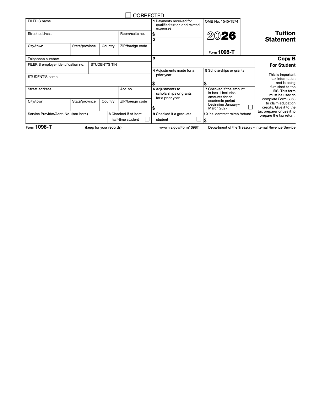 Page 3 of 4 of the official IRS Form 1098‑T PDF (2026 edition): Copy B