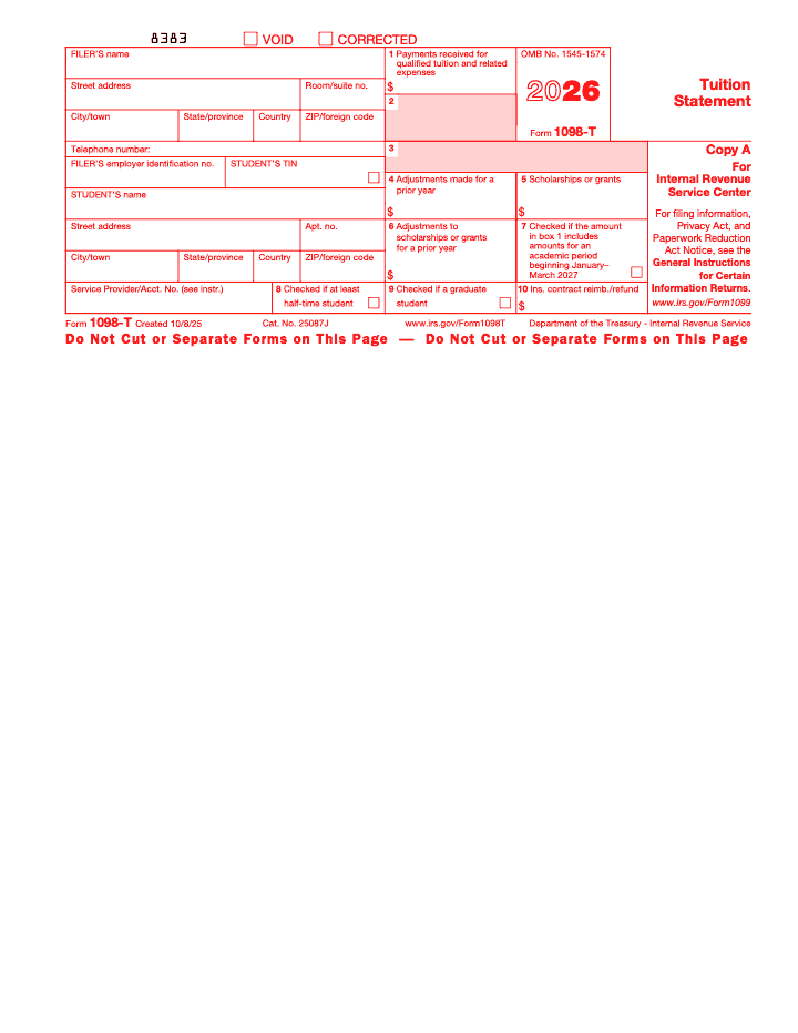 Page 2 of 4 of the official IRS Form 1098‑T PDF (2026 edition): Copy A; instructions