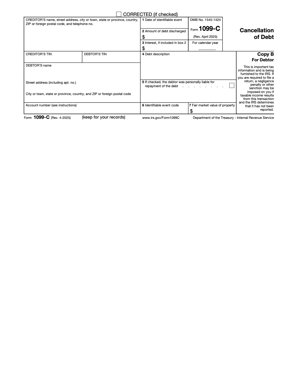 Page 3 of 4 of the official IRS Form 1099-C PDF (Rev. April 2025): Copy B