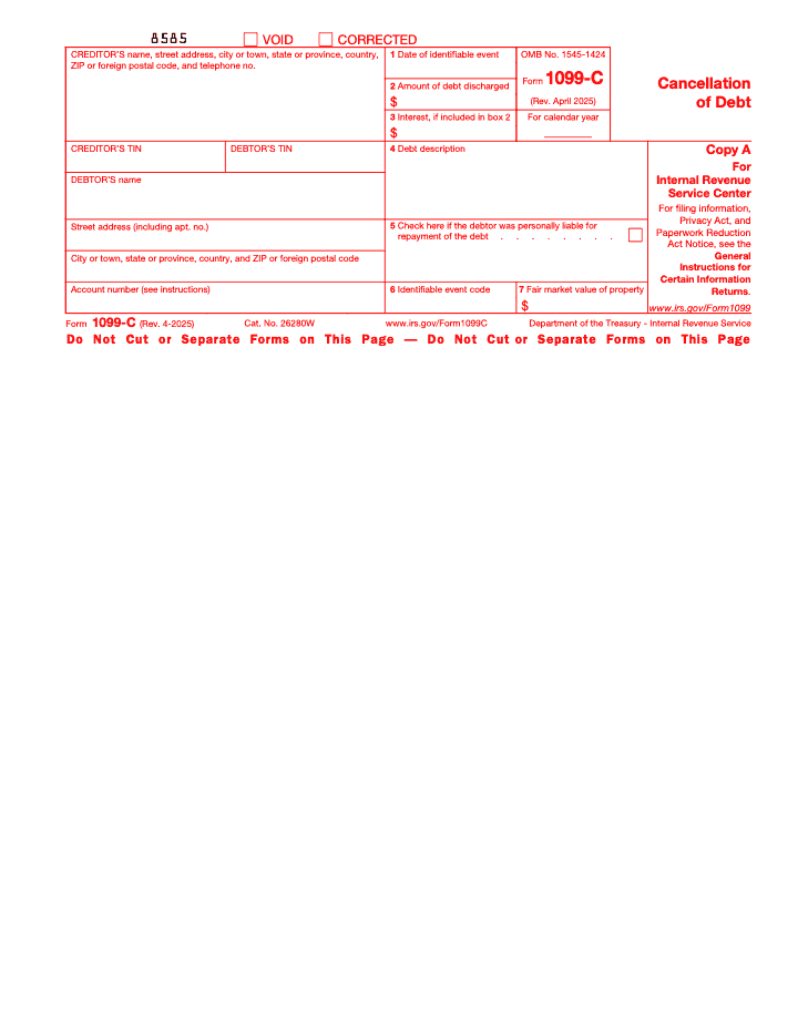 Page 2 of 4 of the official IRS Form 1099-C PDF (Rev. April 2025): Copy A