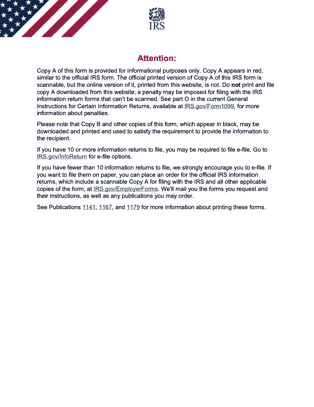 Page 1 of 6 of the official IRS Form 1099-DIV PDF (Rev. January 2024): IRS “Attention” notice for filers