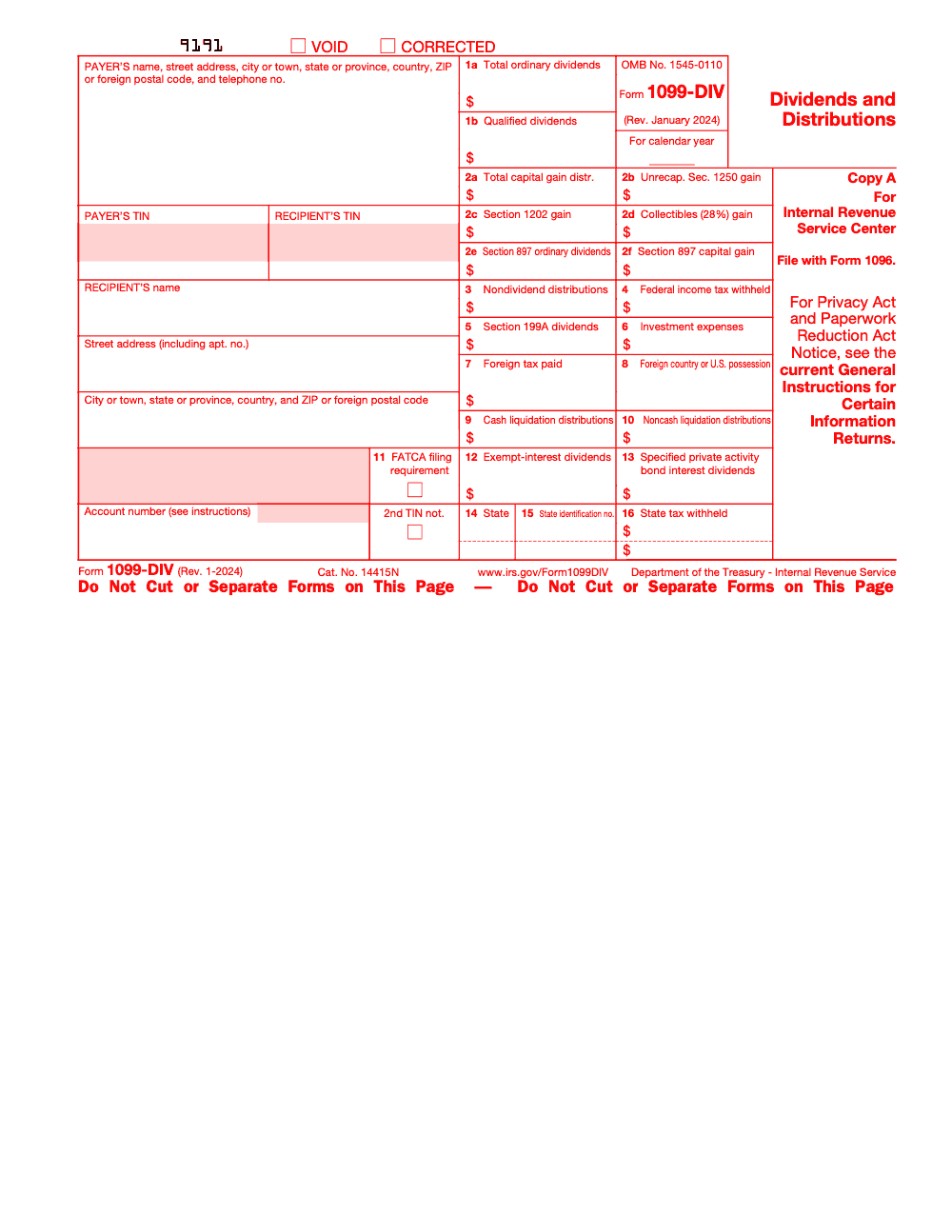 Page 2 of 6 of the official IRS Form 1099-DIV PDF (Rev. January 2024): Copy A