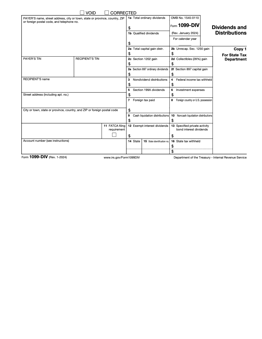 Page 3 of 6 of the official IRS Form 1099-DIV PDF (Rev. January 2024): Copy 1