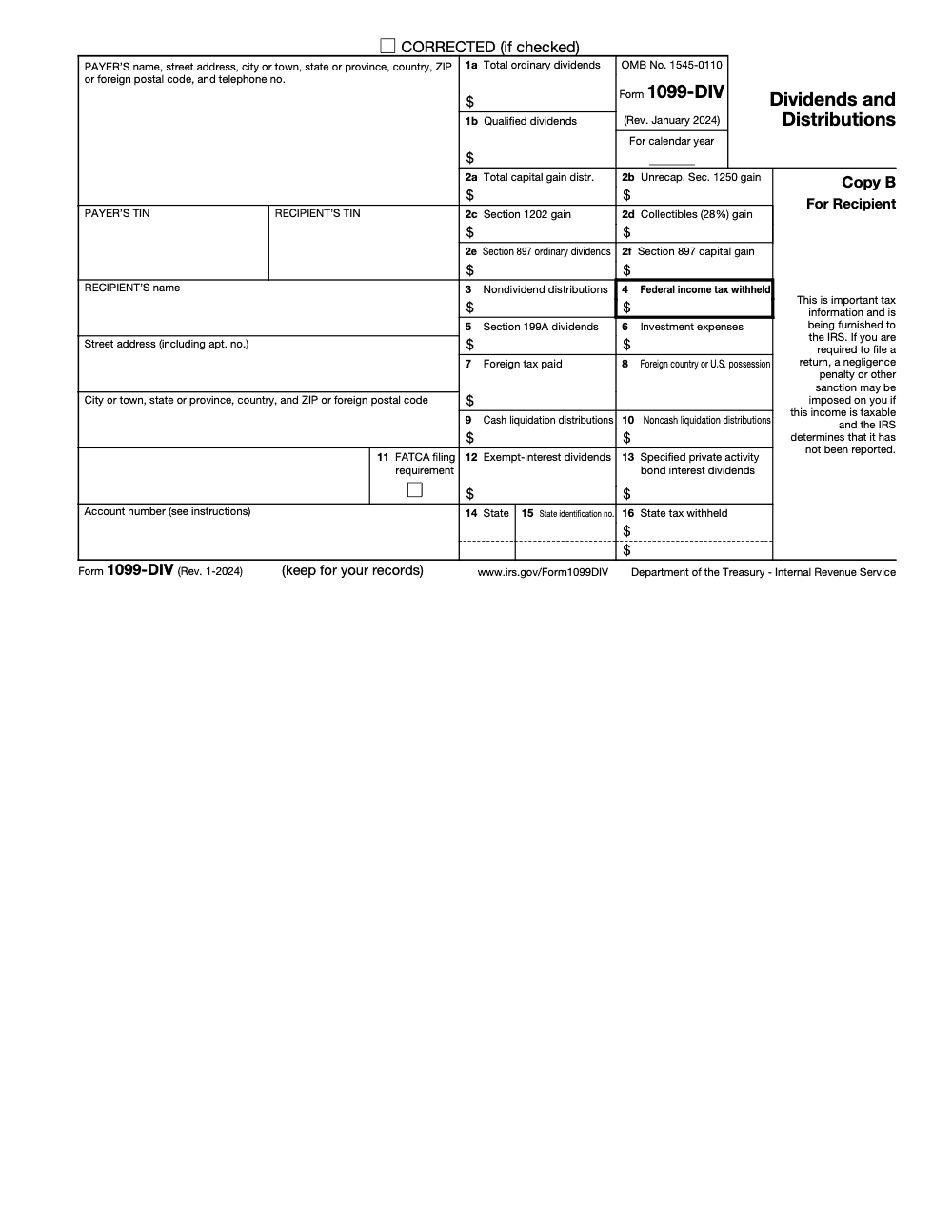 Page 4 of 6 of the official IRS Form 1099-DIV PDF (Rev. January 2024): Copy B