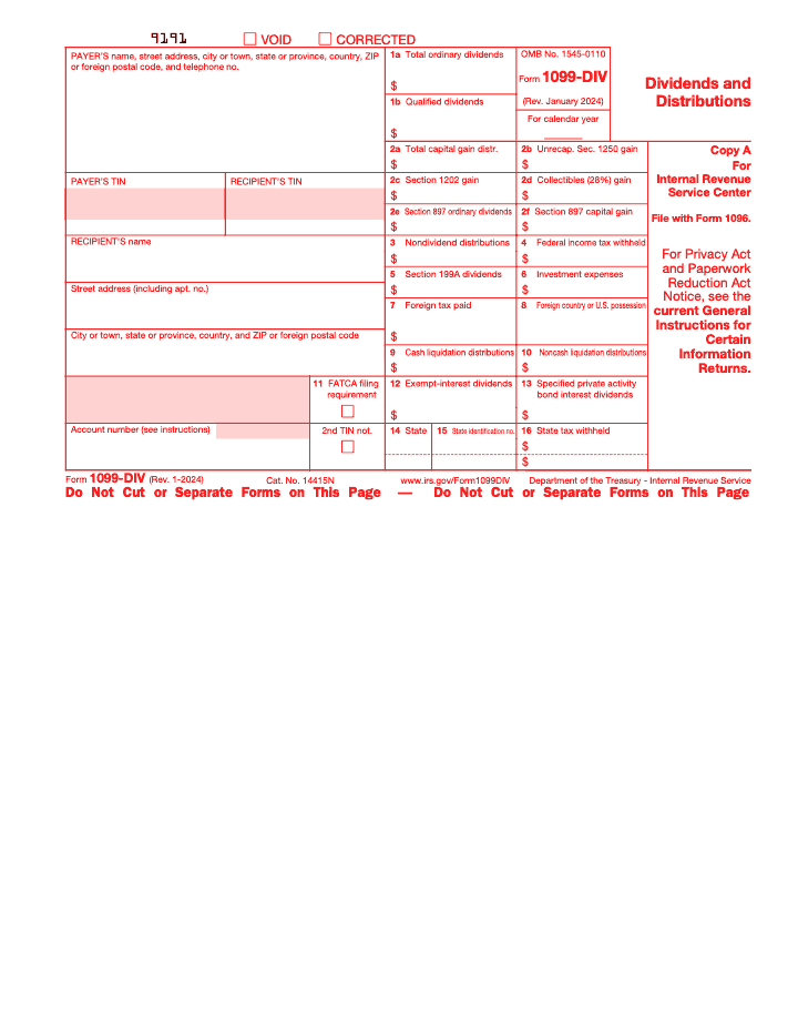 Page 2 of 6 of the official IRS Form 1099-DIV PDF (Rev. January 2024): Copy A