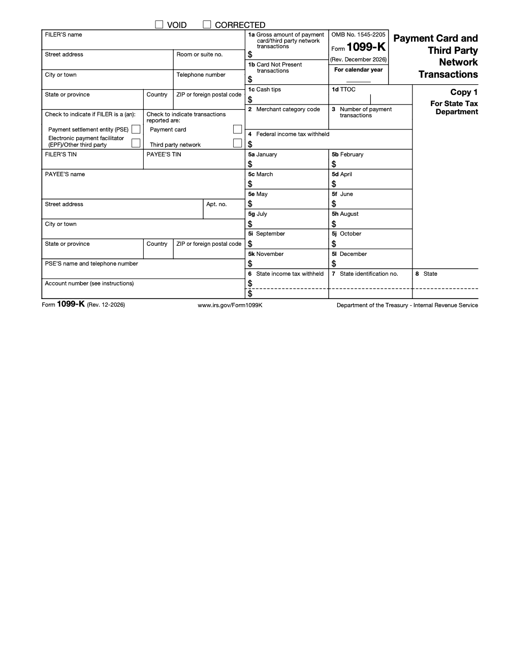 Page 3 of 6 of the official IRS Form 1099-K PDF (Rev. December 2026): Copy 1