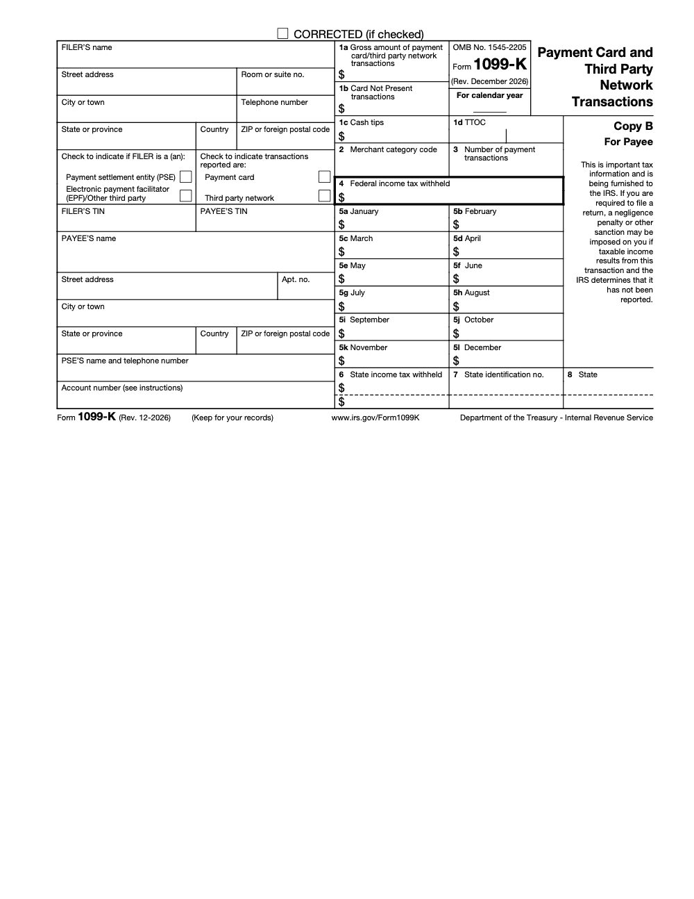 Page 4 of 6 of the official IRS Form 1099-K PDF (Rev. December 2026): Copy B