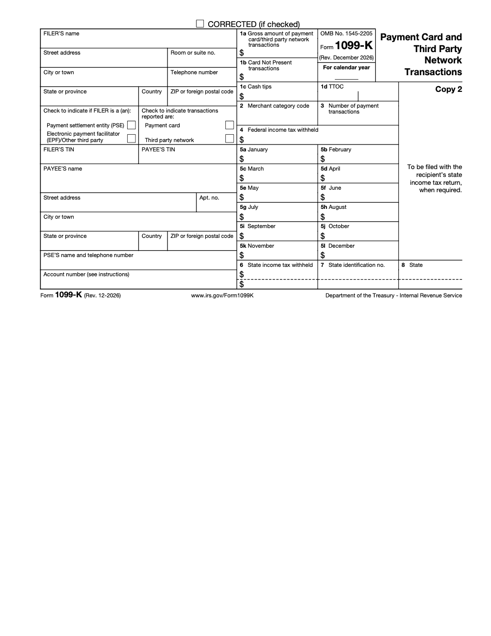 Page 6 of 6 of the official IRS Form 1099-K PDF (Rev. December 2026): Copy 2