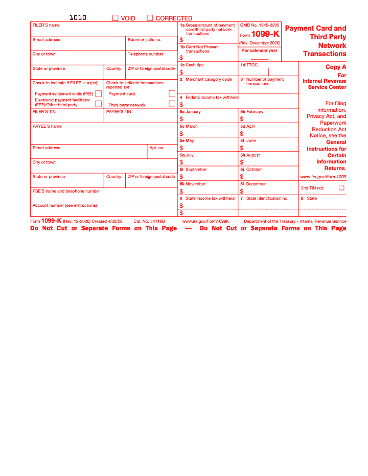 Page 2 of 6 of the official IRS Form 1099-K PDF (Rev. December 2026): Copy A