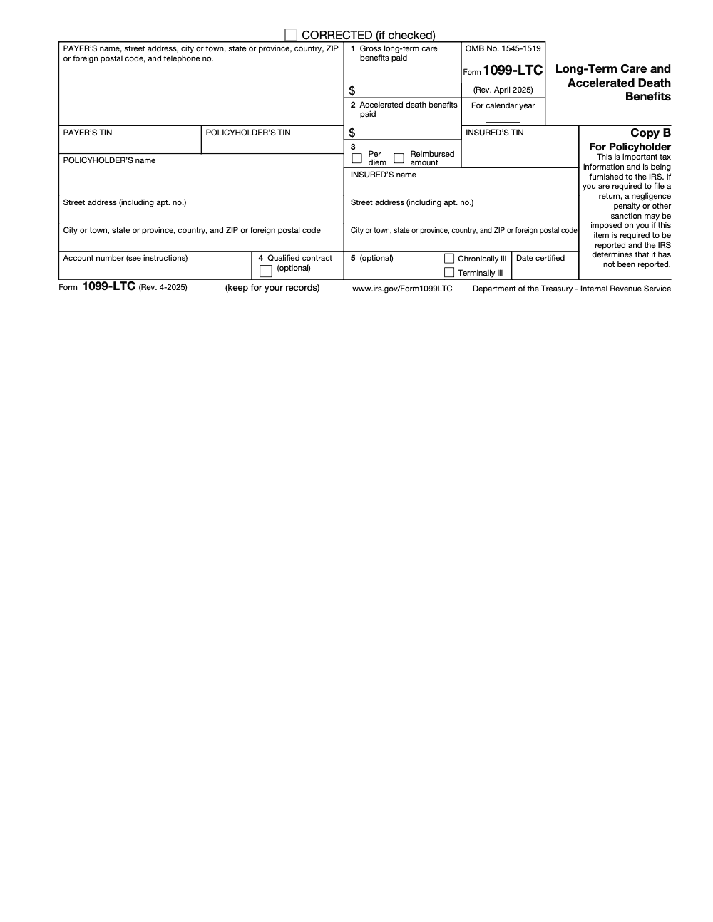 Page 2 of 5 of the official IRS Form 1099-LTC PDF (Rev. April 2025): Copy B