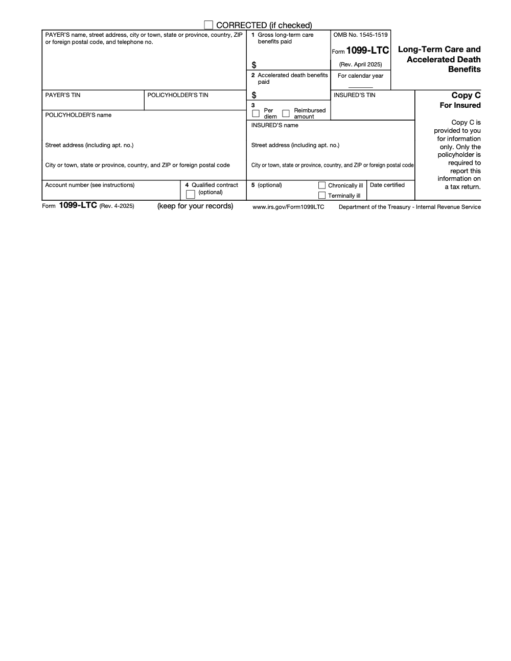 Page 4 of 5 of the official IRS Form 1099-LTC PDF (Rev. April 2025): Copy C