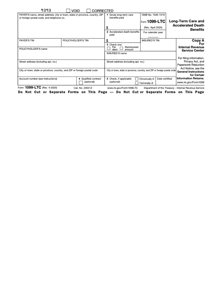 Page 1 of 5 of the official IRS Form 1099-LTC PDF (Rev. April 2025): Copy A; instructions