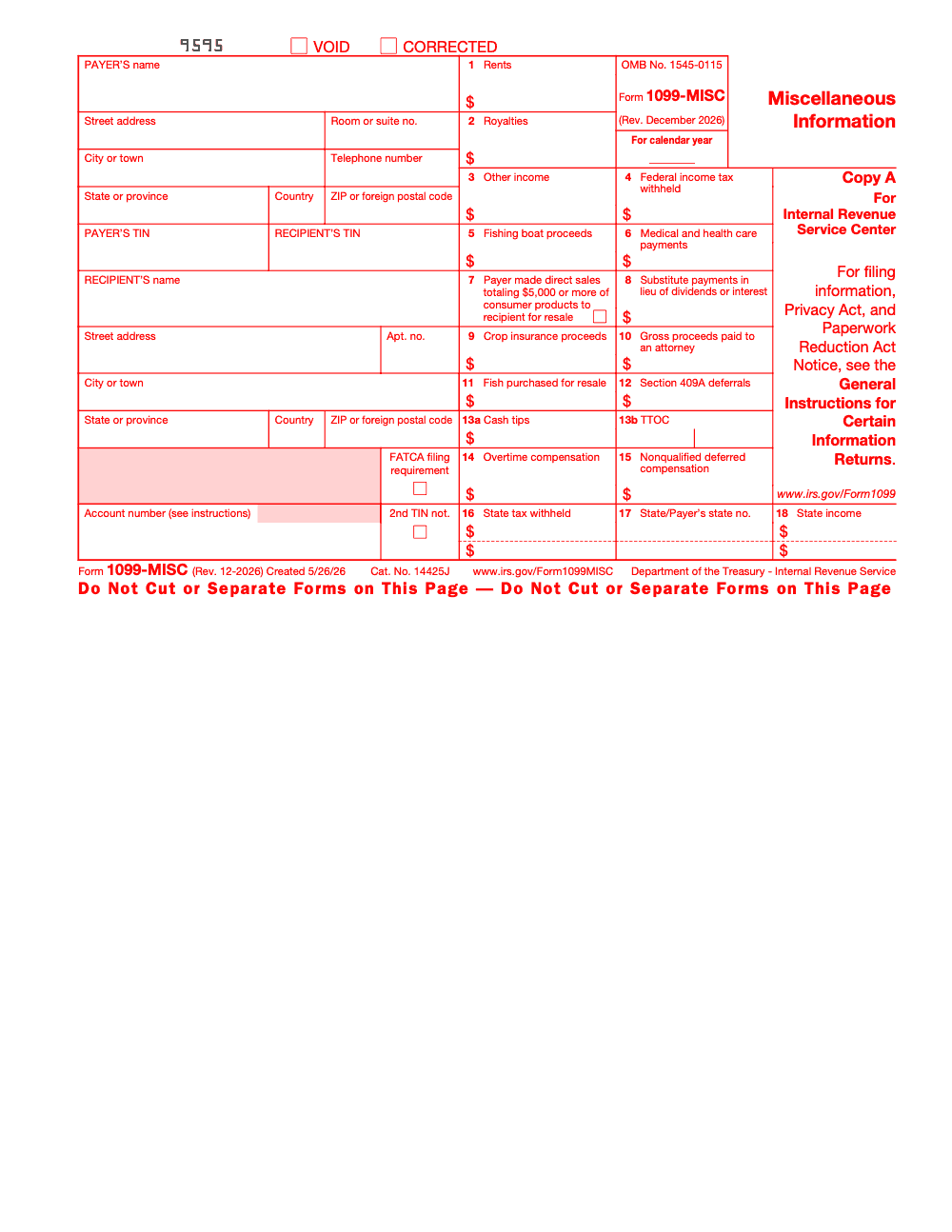 Page 2 of 6 of the official IRS Form 1099‑MISC PDF (Rev. December 2026): Copy A