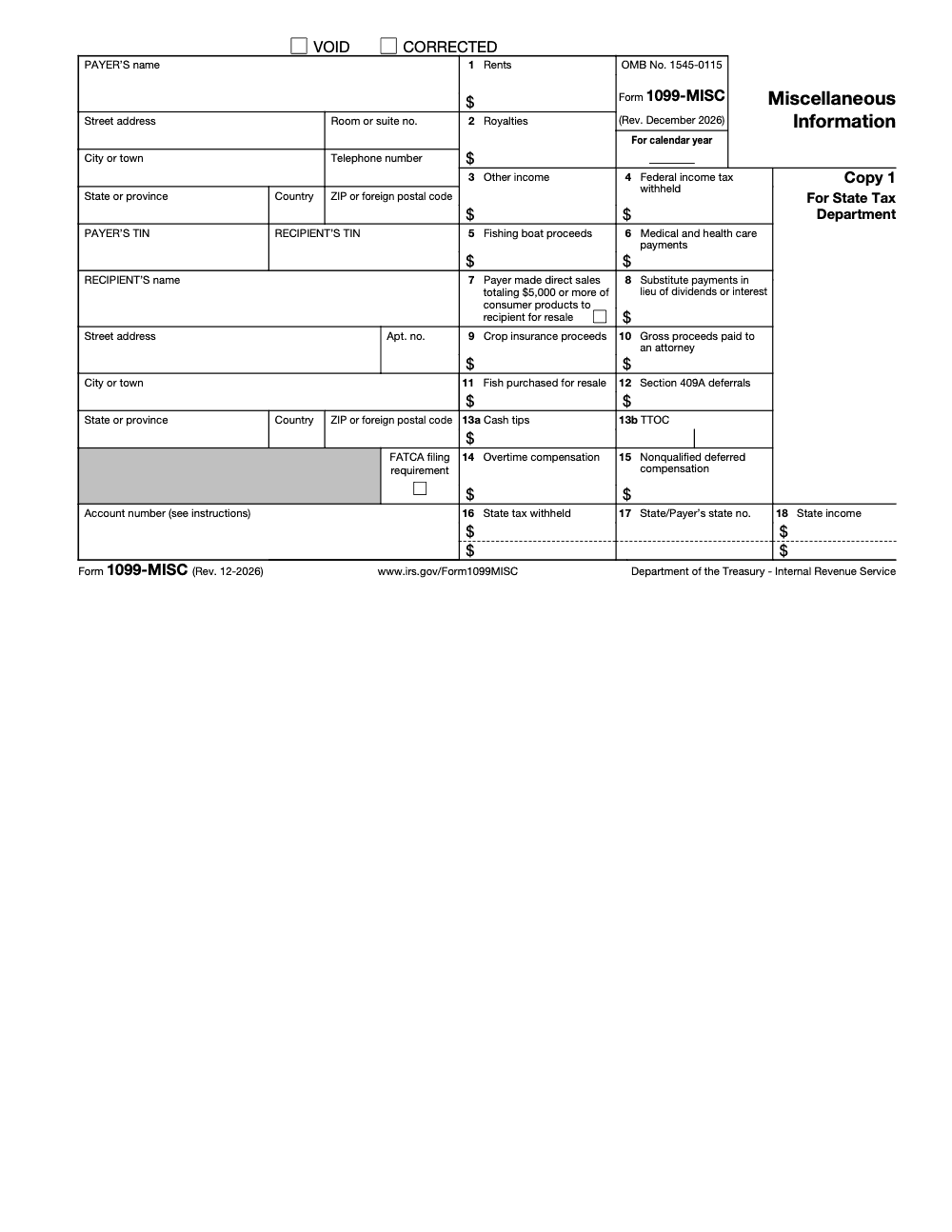 Page 3 of 6 of the official IRS Form 1099‑MISC PDF (Rev. December 2026): Copy 1