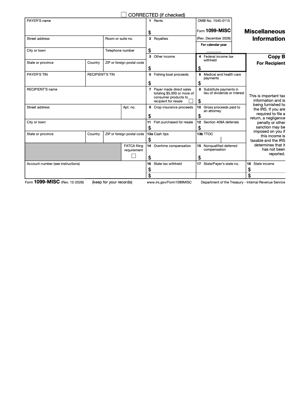 Page 4 of 6 of the official IRS Form 1099‑MISC PDF (Rev. December 2026): Copy B