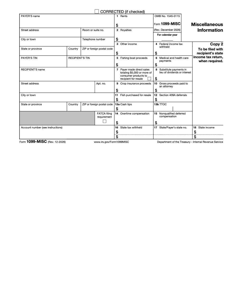 Page 6 of 6 of the official IRS Form 1099‑MISC PDF (Rev. December 2026): Copy 2