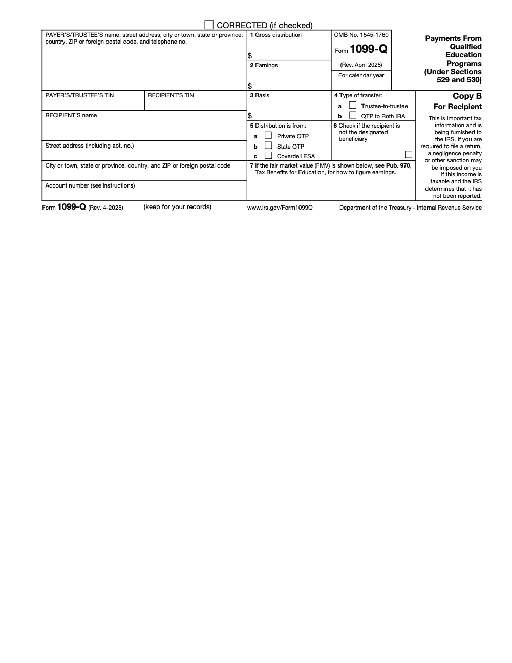 Page 2 of 3 of the official IRS Form 1099-Q PDF (Rev. April 2025): Copy B