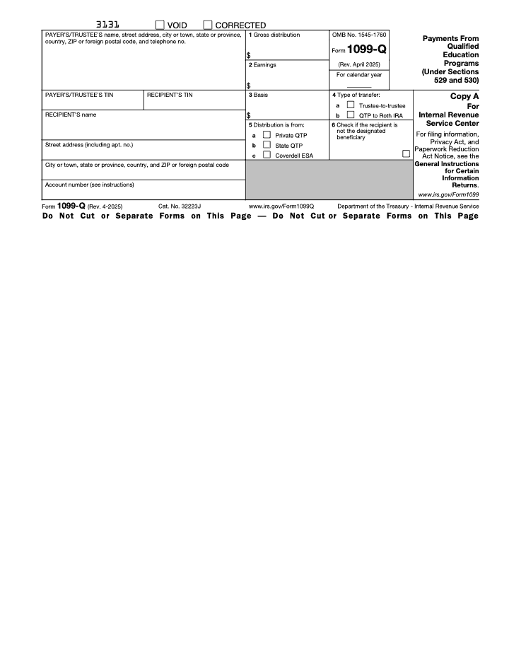 Page 1 of 3 of the official IRS Form 1099-Q PDF (Rev. April 2025): Copy A; instructions
