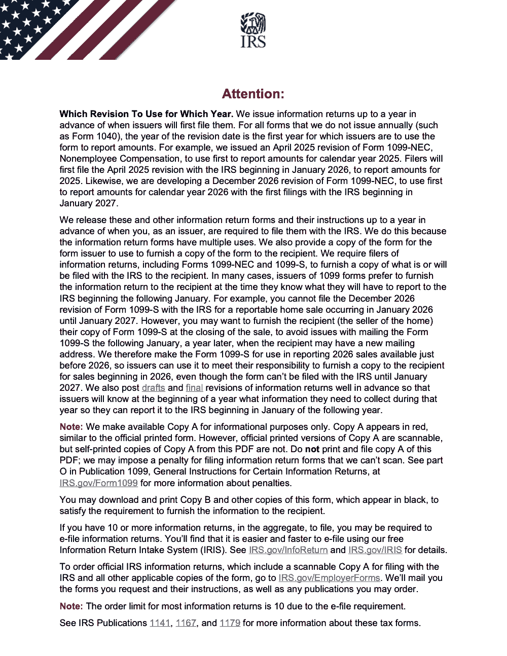 Page 1 of 4 of the official IRS Form 1099‑S PDF (Rev. December 2026): IRS “Attention” notice for filers