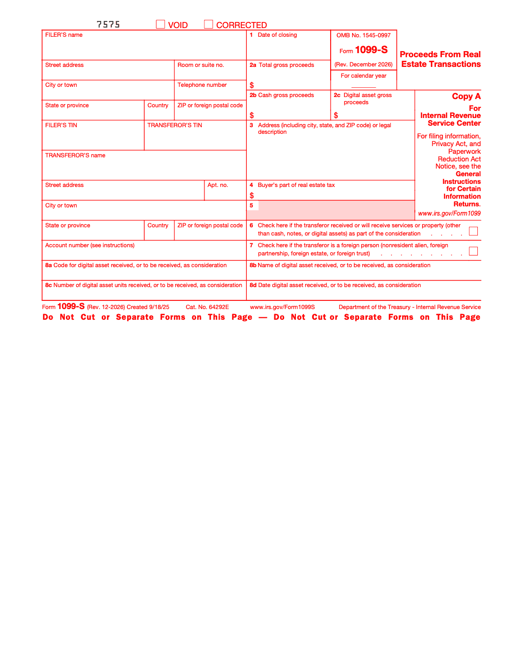 Page 2 of 4 of the official IRS Form 1099‑S PDF (Rev. December 2026): Copy A