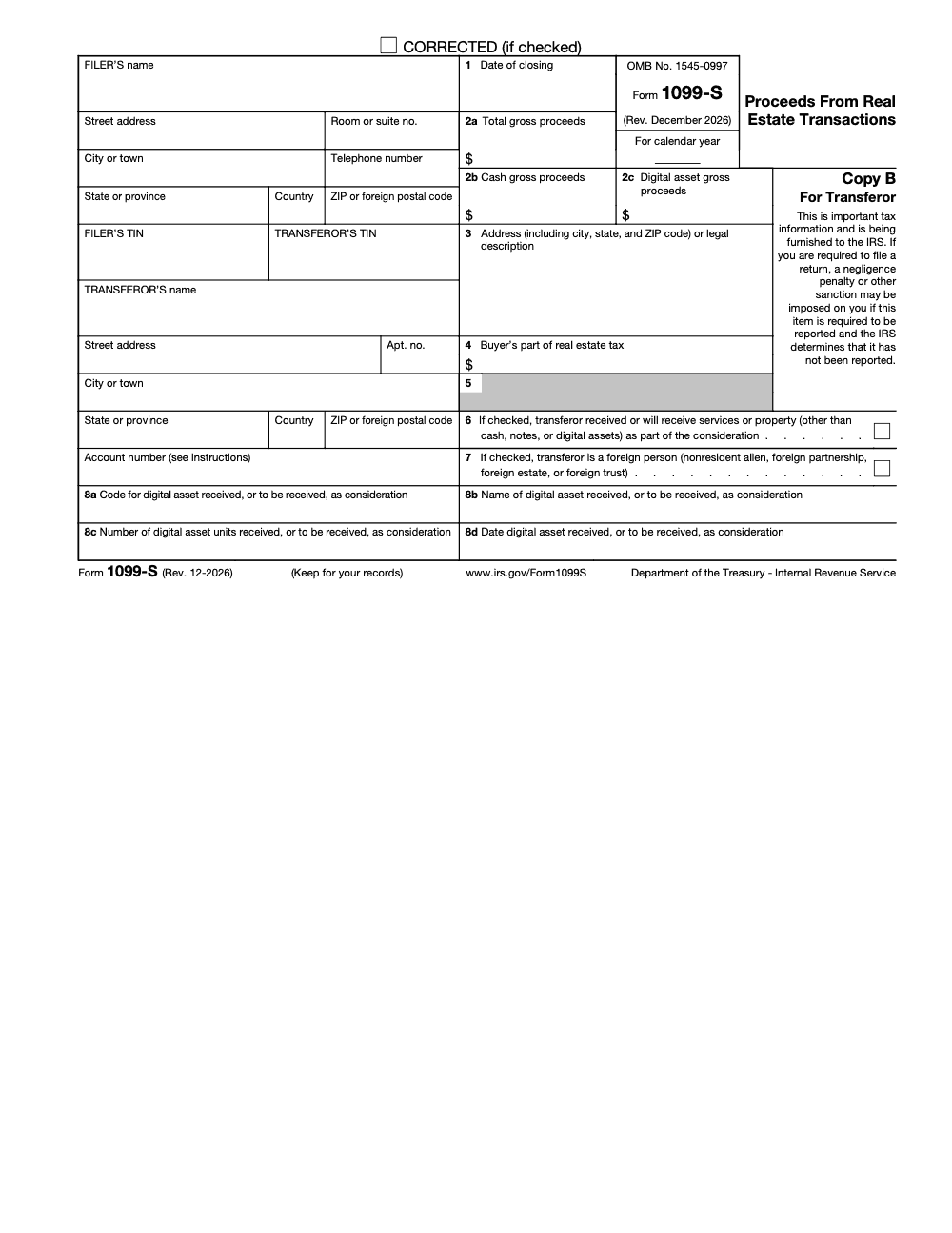 Page 3 of 4 of the official IRS Form 1099‑S PDF (Rev. December 2026): Copy B