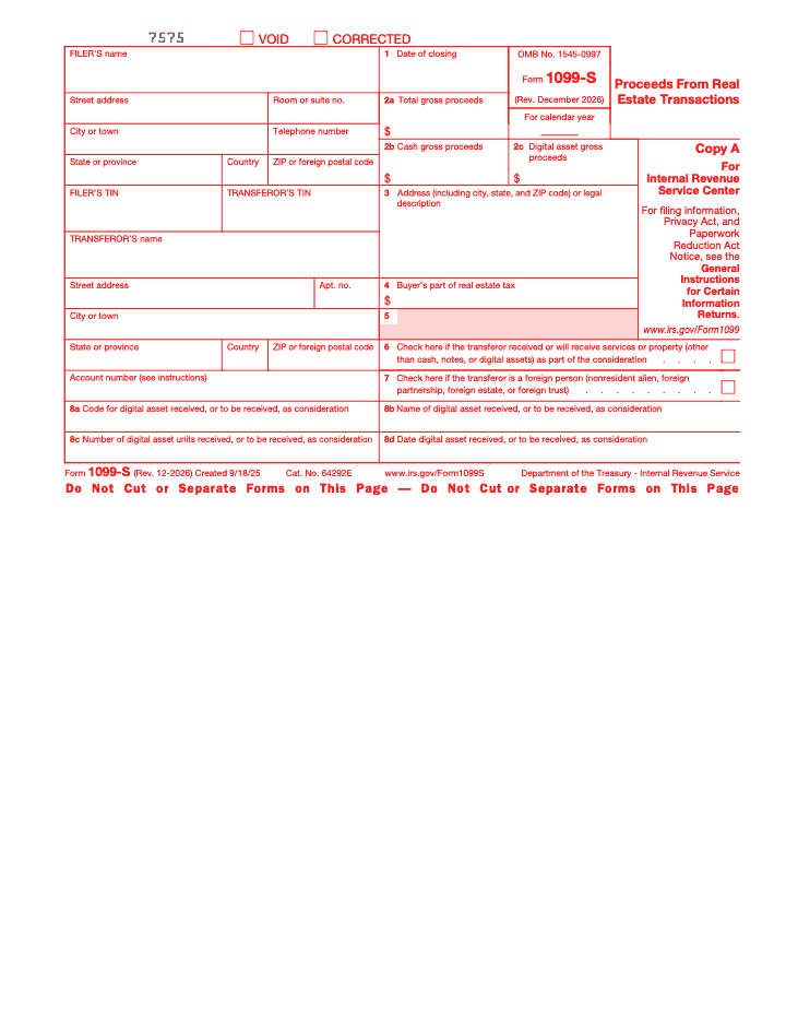 Page 2 of 4 of the official IRS Form 1099‑S PDF (Rev. December 2026): Copy A