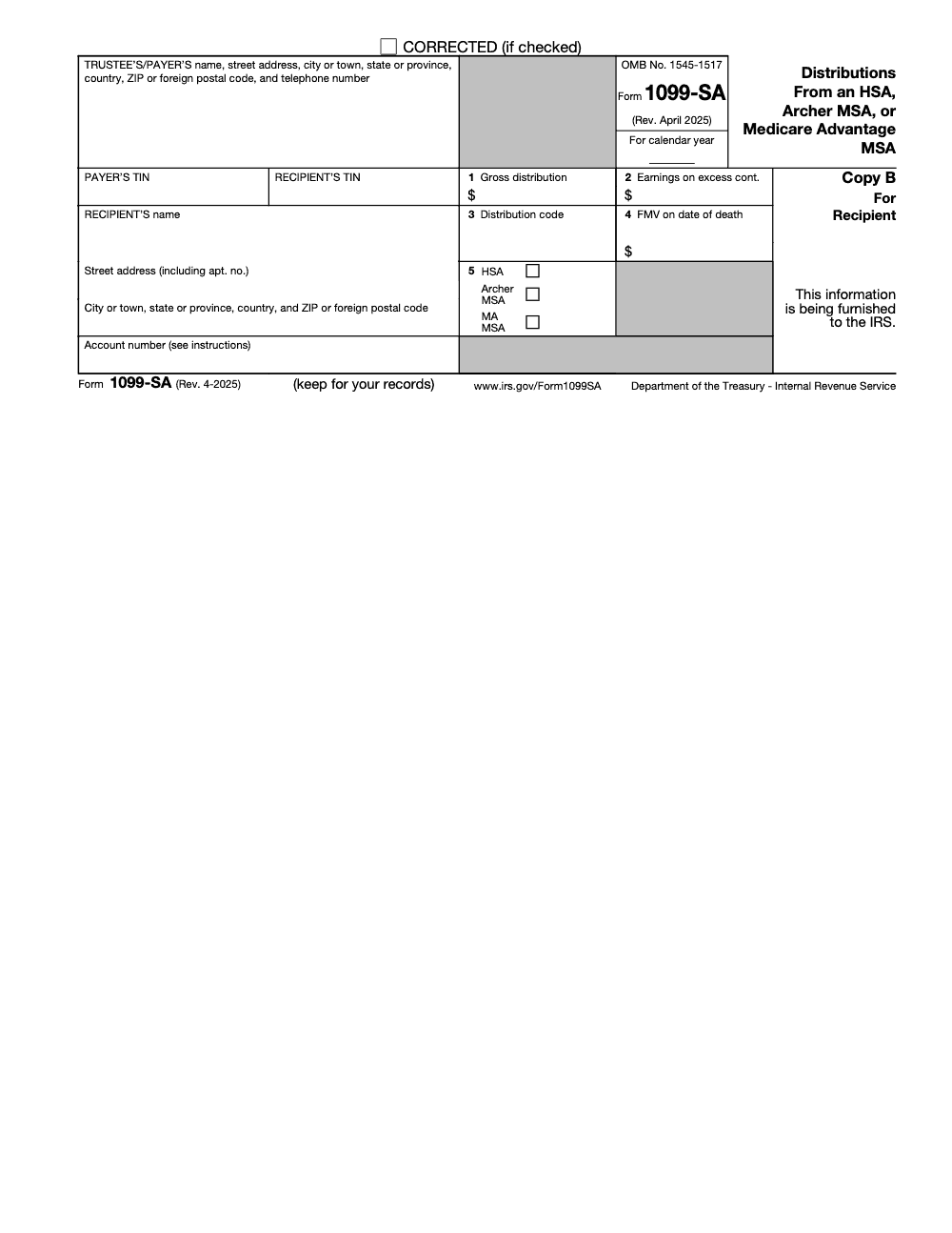 Page 2 of 3 of the official IRS Form 1099-SA PDF (Rev. April 2025): Copy B