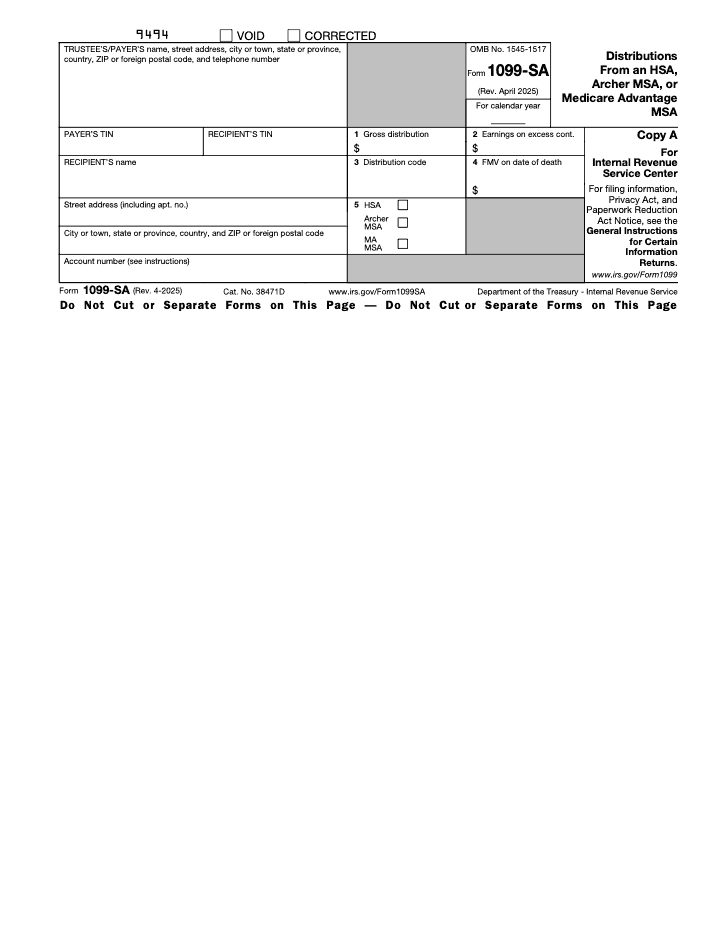 Page 1 of 3 of the official IRS Form 1099-SA PDF (Rev. April 2025): Copy A; instructions