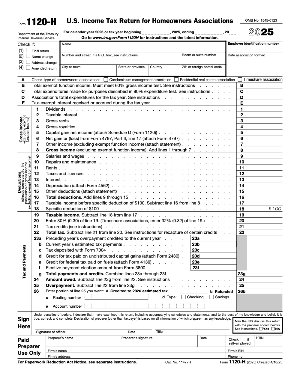 Page 1 of 1 of the official IRS Form 1120-H PDF (2025 edition): Part II