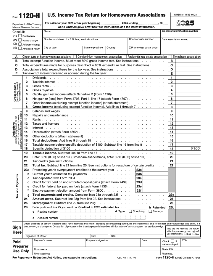 Page 1 of 1 of the official IRS Form 1120-H PDF (2025 edition): Part II