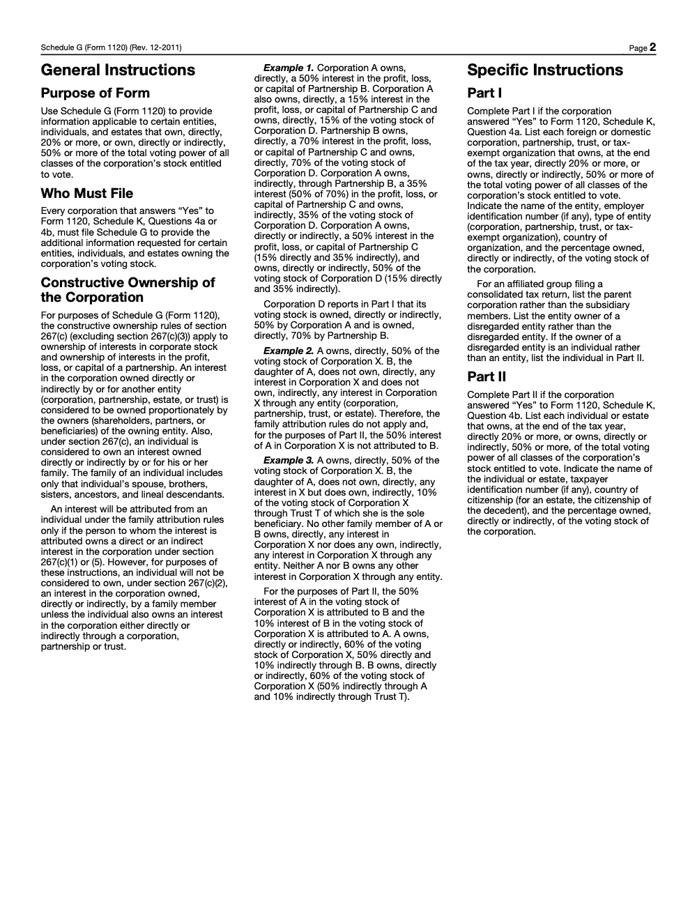 Page 2 of 2 of the official IRS Form 1120 Schedule G PDF (Rev. December 2011): instructions