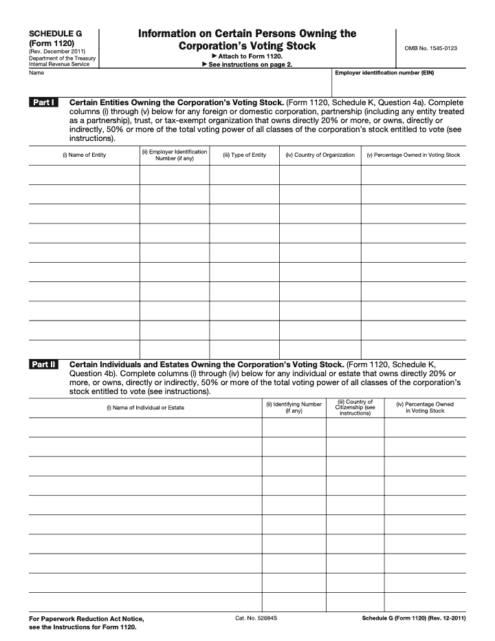 Page 1 of 2 of the official IRS Form 1120 Schedule G PDF (Rev. December 2011): Parts I, II