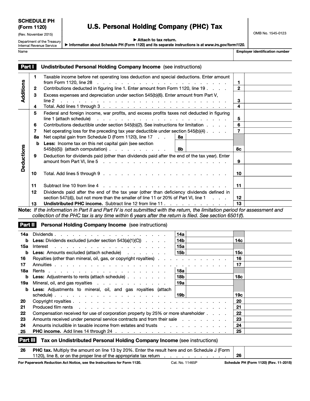 Page 1 of 2 of the official IRS Form 1120 Schedule PH PDF (Rev. November 2015): Parts I, V, VI, II, IV