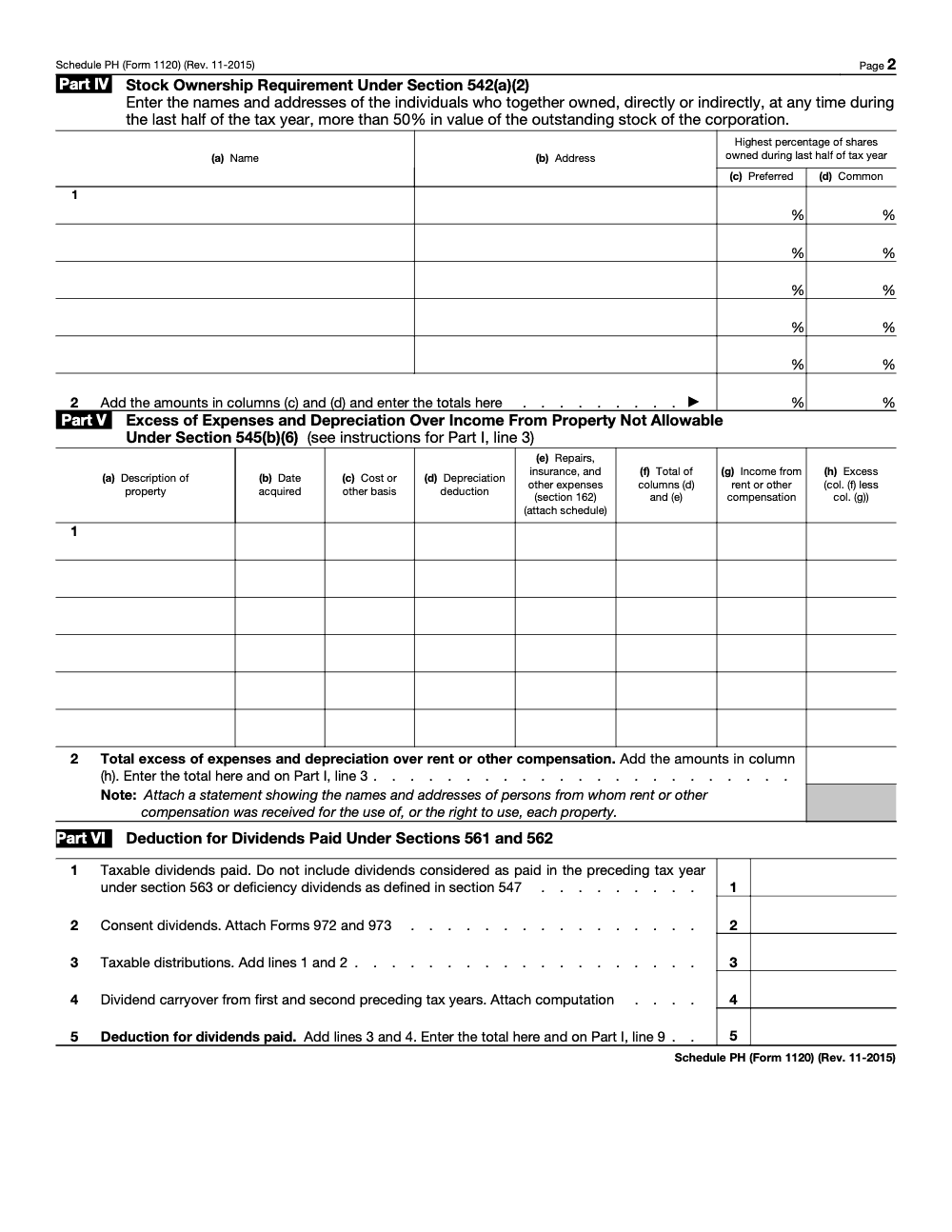 Page 2 of 2 of the official IRS Form 1120 Schedule PH PDF (Rev. November 2015): Parts IV, V, I, VI