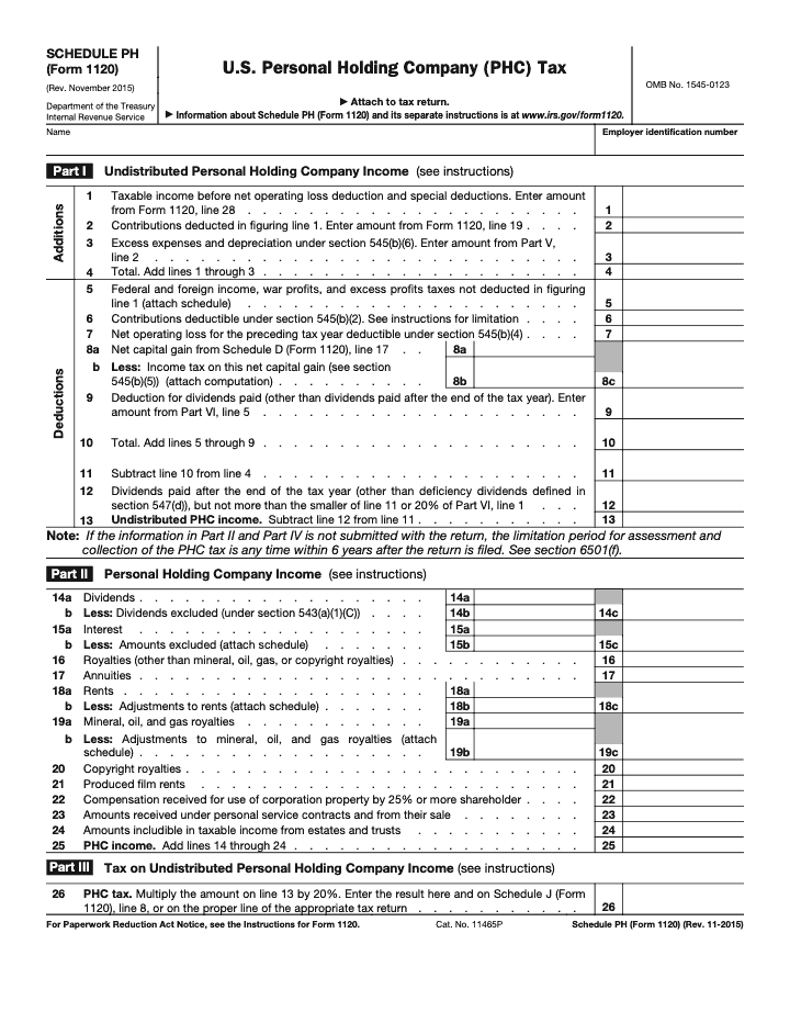 Page 1 of 2 of the official IRS Form 1120 Schedule PH PDF (Rev. November 2015): Parts I, V, VI, II, IV