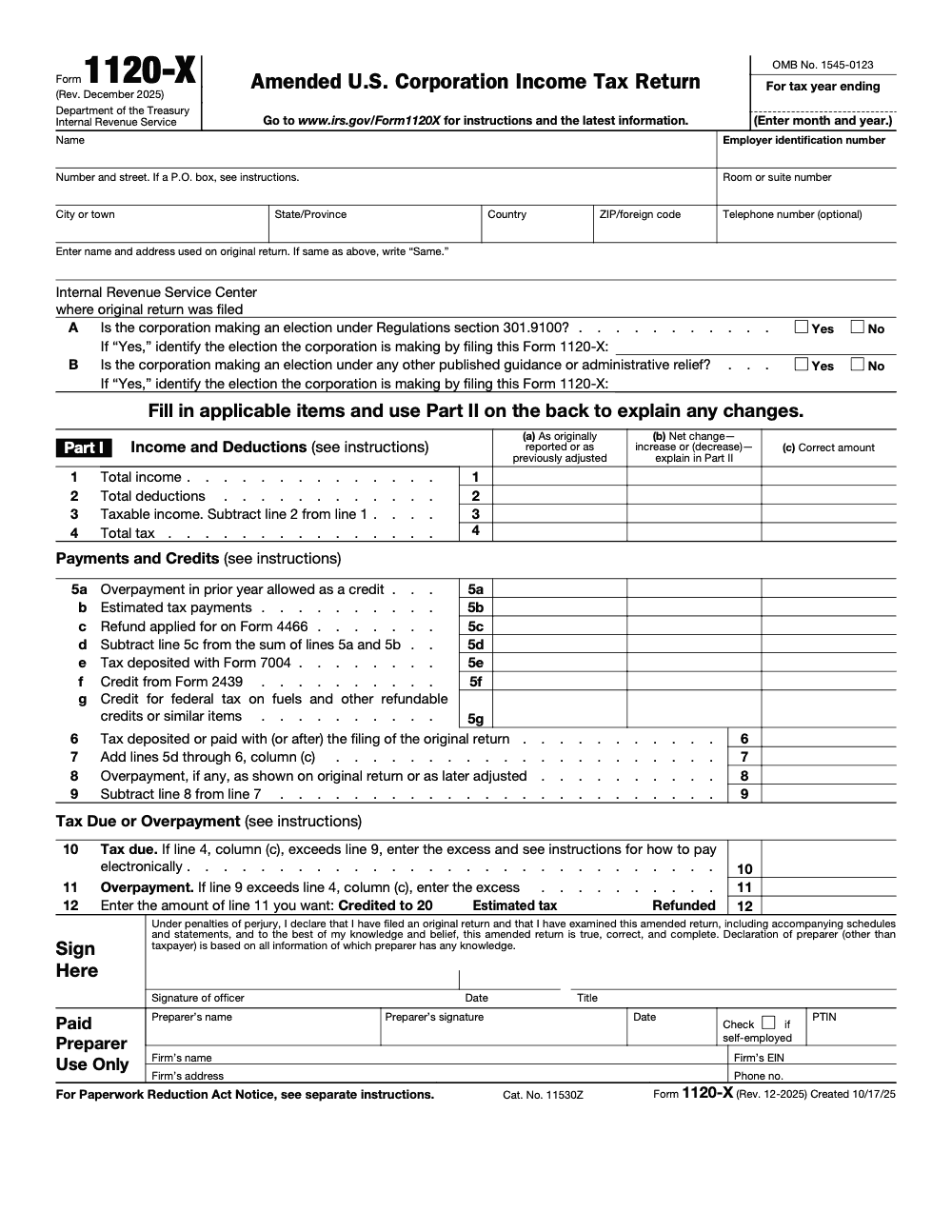 Page 1 of 2 of the official IRS Form 1120-X PDF (Rev. December 2025): Parts II, I