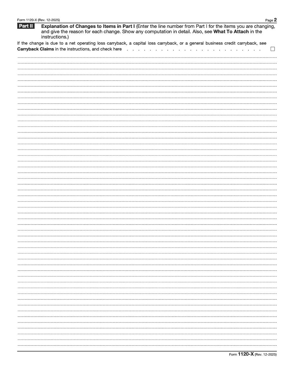 Page 2 of 2 of the official IRS Form 1120-X PDF (Rev. December 2025): Parts II, I