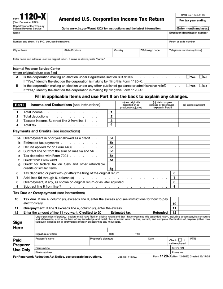 Page 1 of 2 of the official IRS Form 1120-X PDF (Rev. December 2025): Parts II, I