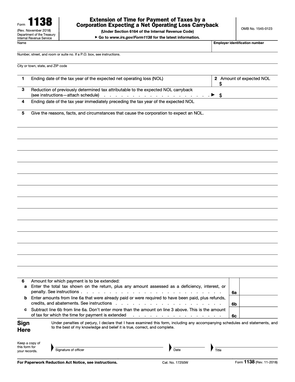 Page 1 of 2 of the official IRS Form 1138 PDF (Rev. November 2018)