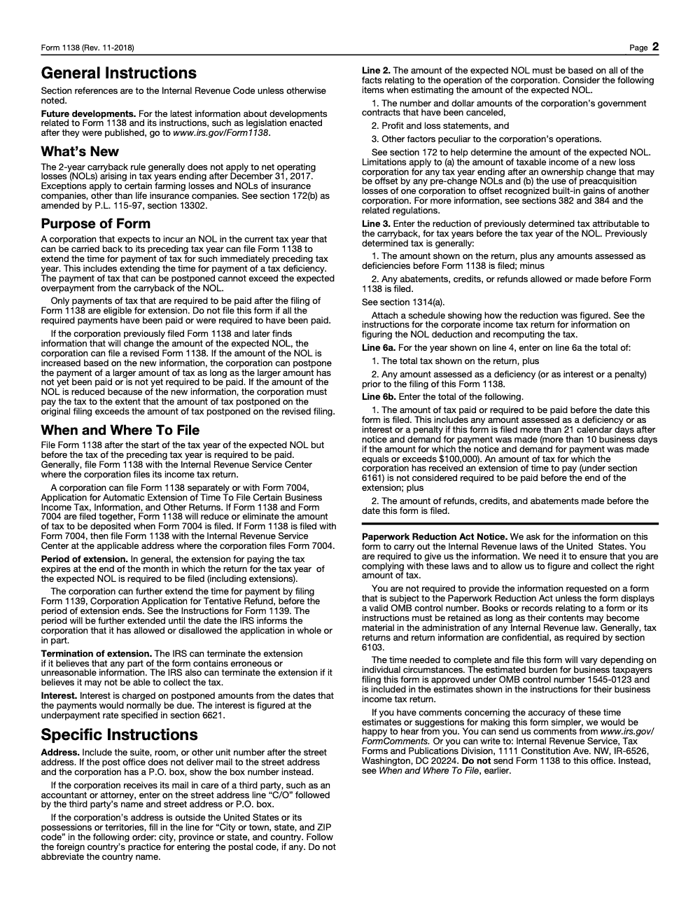 Page 2 of 2 of the official IRS Form 1138 PDF (Rev. November 2018): instructions