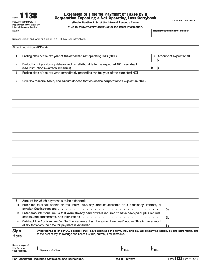Page 1 of 2 of the official IRS Form 1138 PDF (Rev. November 2018)