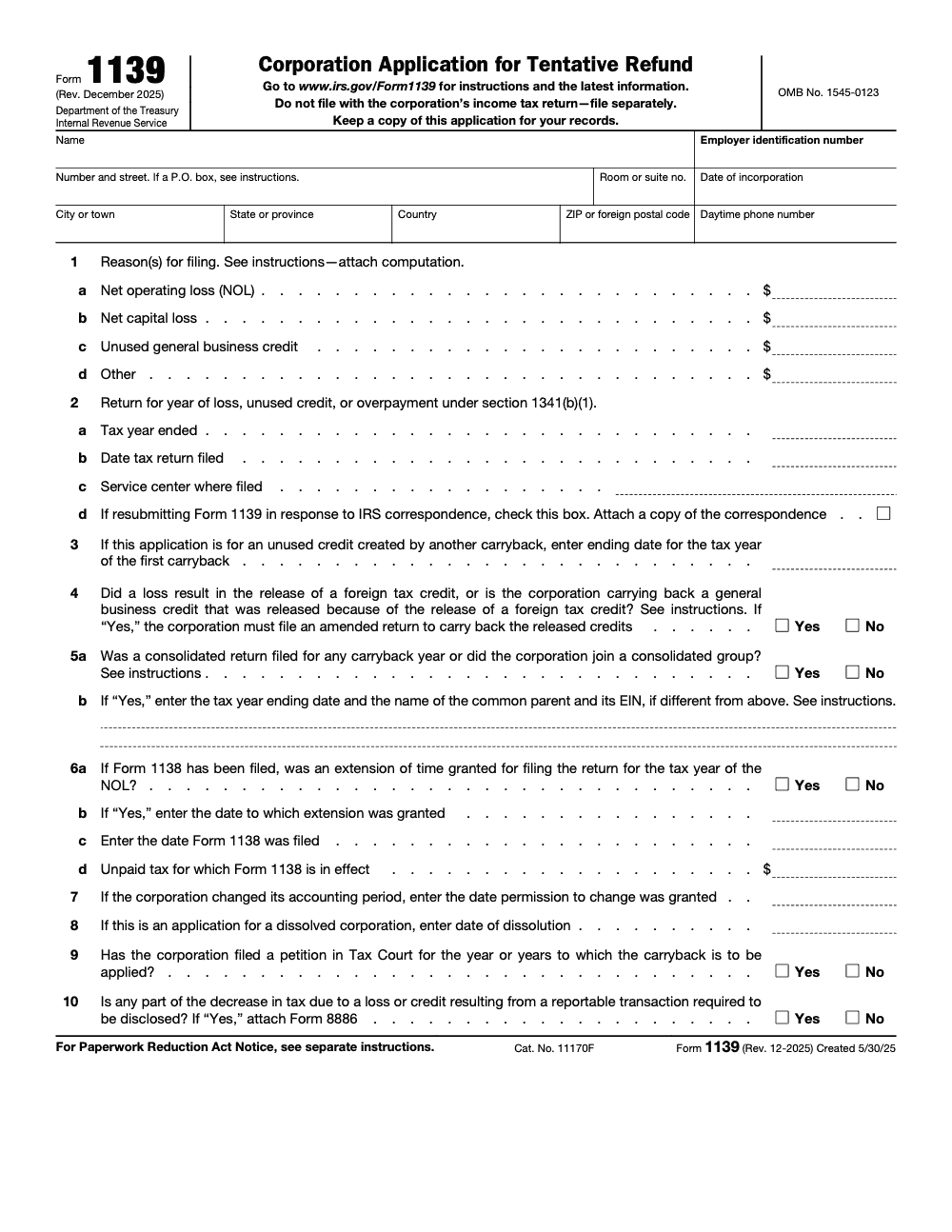 Page 1 of 2 of the official IRS Form 1139 Guide PDF (Rev. December 2025)