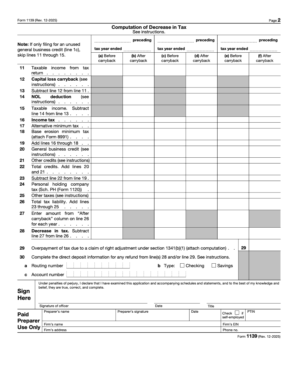 Page 2 of 2 of the official IRS Form 1139 Guide PDF (Rev. December 2025)