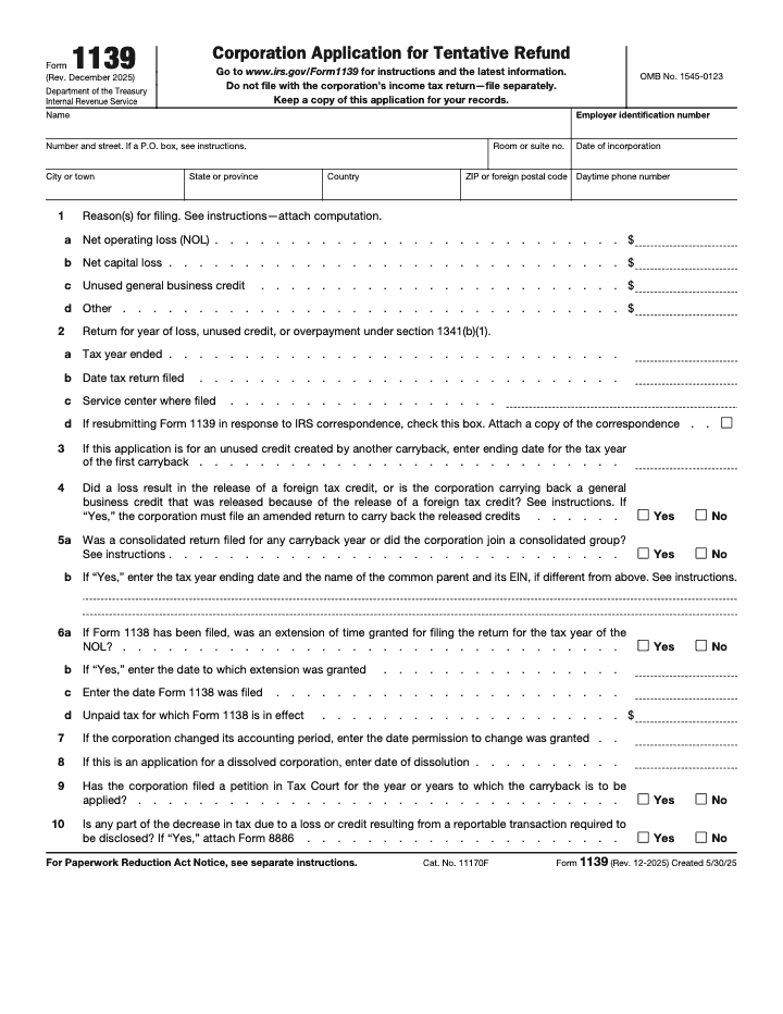 Page 1 of 2 of the official IRS Form 1139 Guide PDF (Rev. December 2025)